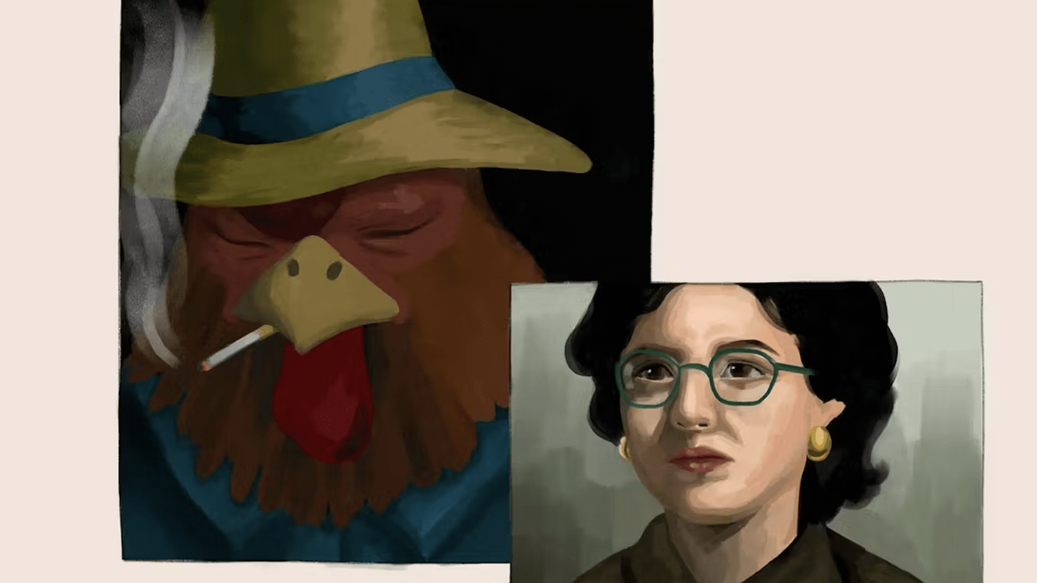 alt="Painting of rooster smoking and woman's face.">
